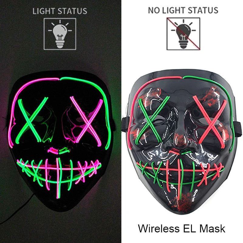Wireless Neon LED Purge Mask – Glow-in-the-Dark Halloween Cosplay & Party Mask
