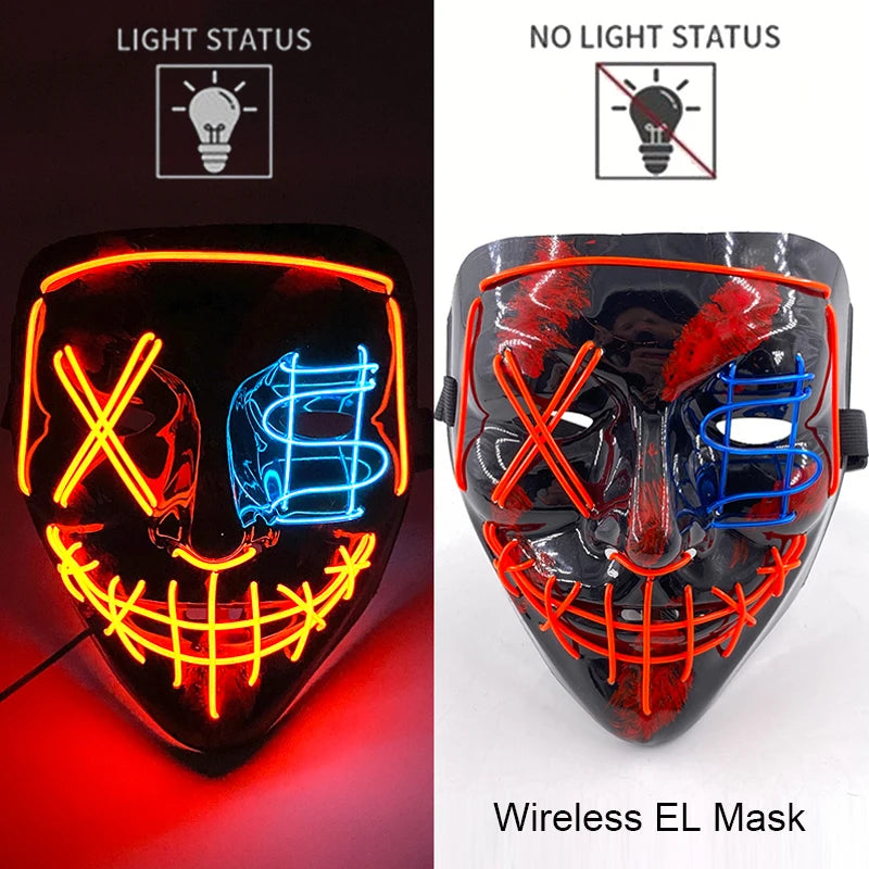 Wireless Neon LED Purge Mask – Glow-in-the-Dark Halloween Cosplay & Party Mask