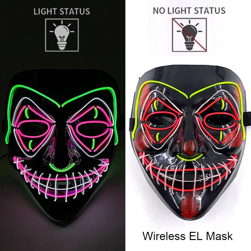 Wireless Neon LED Purge Mask – Glow-in-the-Dark Halloween Cosplay & Party Mask