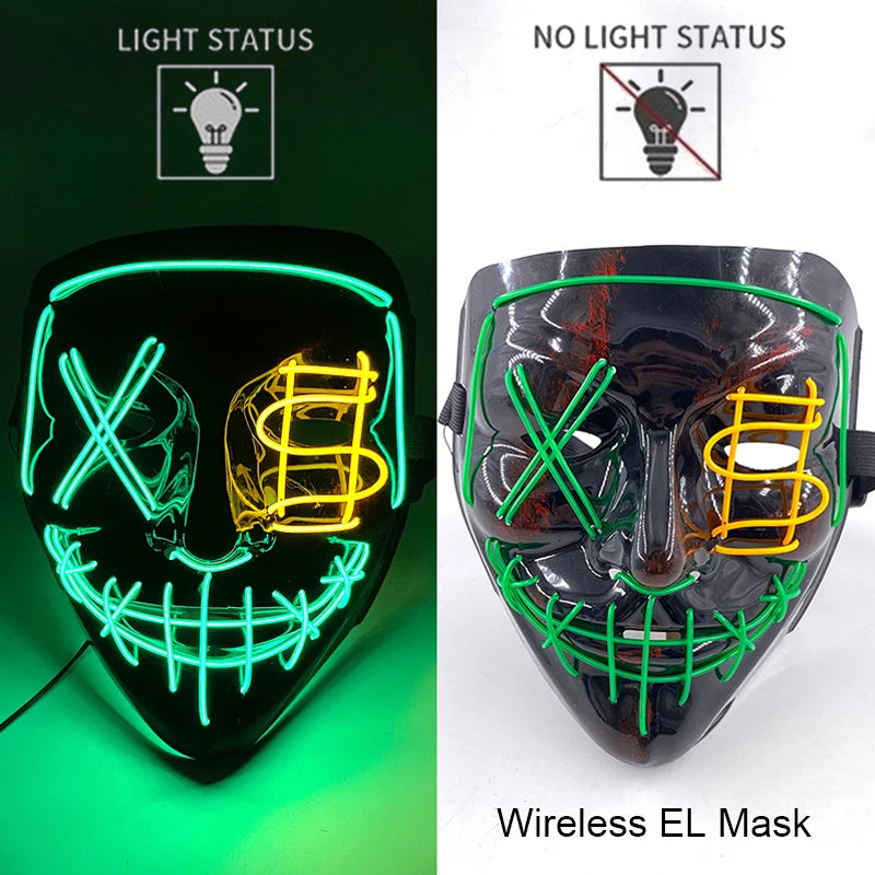 Wireless Neon LED Purge Mask – Glow-in-the-Dark Halloween Cosplay & Party Mask