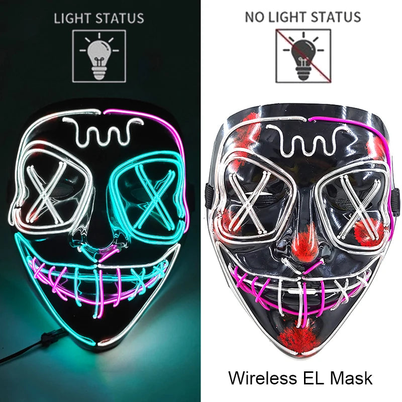 Wireless Neon LED Purge Mask – Glow-in-the-Dark Halloween Cosplay & Party Mask