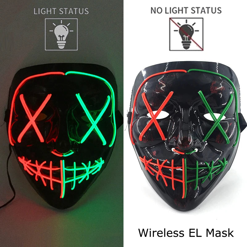 Wireless Neon LED Purge Mask – Glow-in-the-Dark Halloween Cosplay & Party Mask