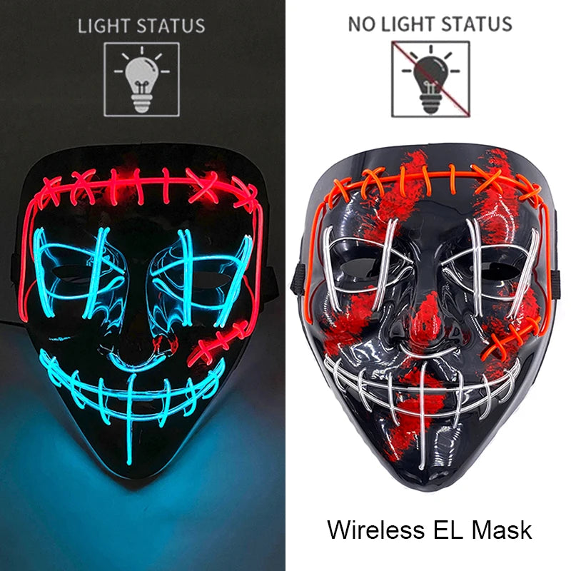 Wireless Neon LED Purge Mask – Glow-in-the-Dark Halloween Cosplay & Party Mask