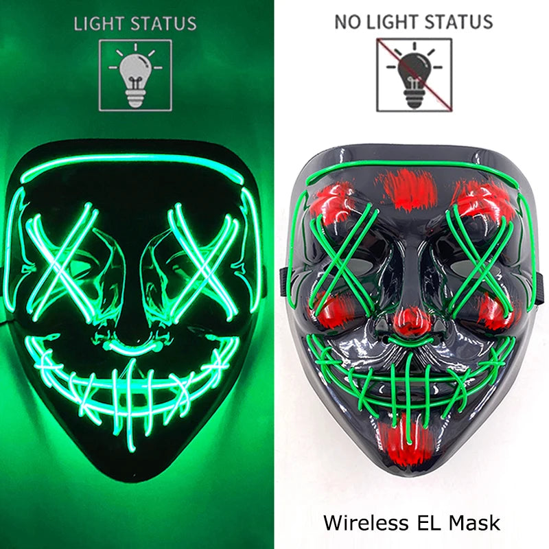 Wireless Neon LED Purge Mask – Glow-in-the-Dark Halloween Cosplay & Party Mask