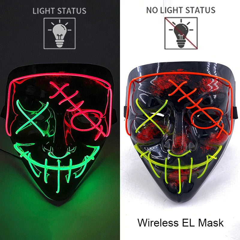 Wireless Neon LED Purge Mask – Glow-in-the-Dark Halloween Cosplay & Party Mask