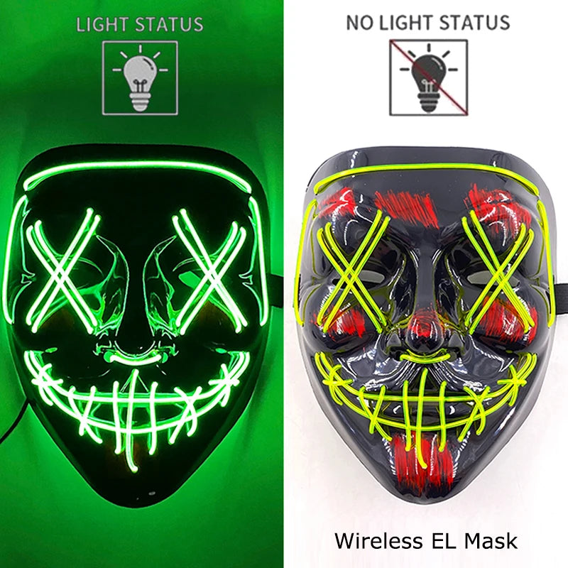 Wireless Neon LED Purge Mask – Glow-in-the-Dark Halloween Cosplay & Party Mask