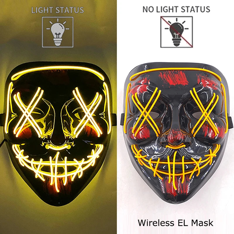 Wireless Neon LED Purge Mask – Glow-in-the-Dark Halloween Cosplay & Party Mask