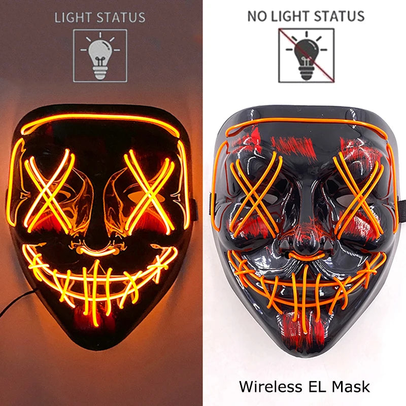 Wireless Neon LED Purge Mask – Glow-in-the-Dark Halloween Cosplay & Party Mask