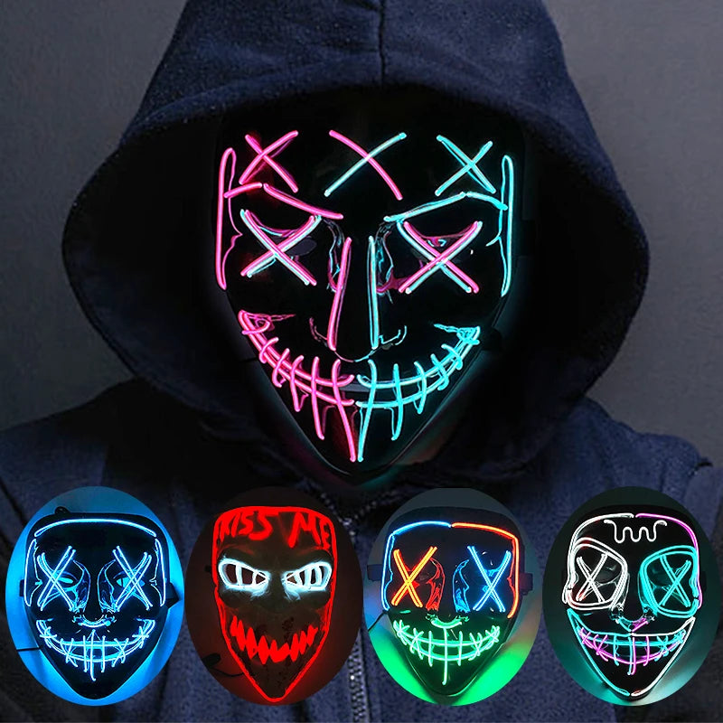 Wireless Neon LED Purge Mask – Glow-in-the-Dark Halloween Cosplay & Party Mask