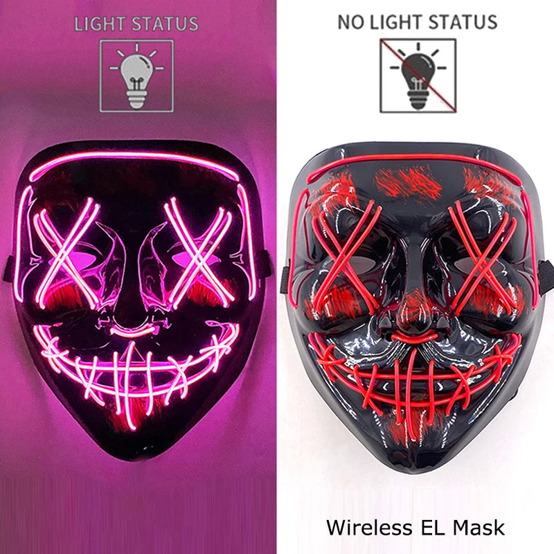 Wireless Neon LED Purge Mask – Glow-in-the-Dark Halloween Cosplay & Party Mask