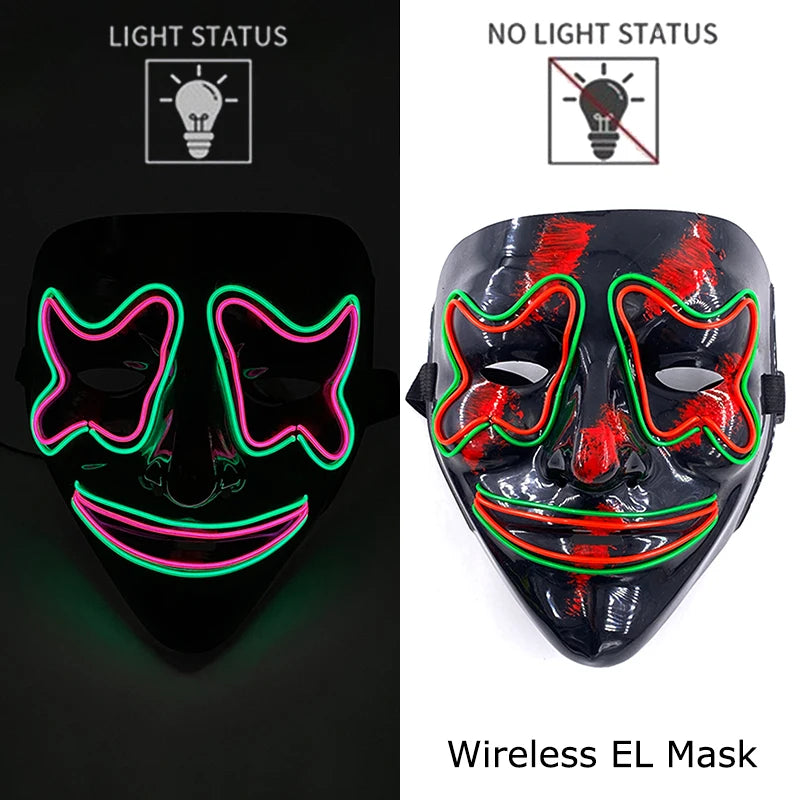Wireless Neon LED Purge Mask – Glow-in-the-Dark Halloween Cosplay & Party Mask