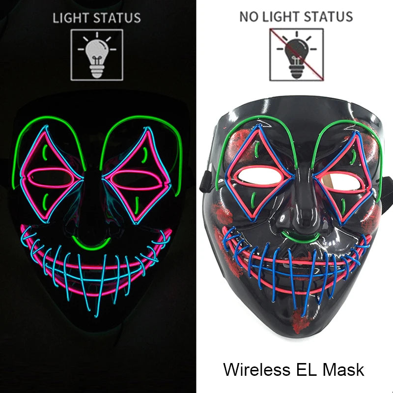Wireless Neon LED Purge Mask – Glow-in-the-Dark Halloween Cosplay & Party Mask