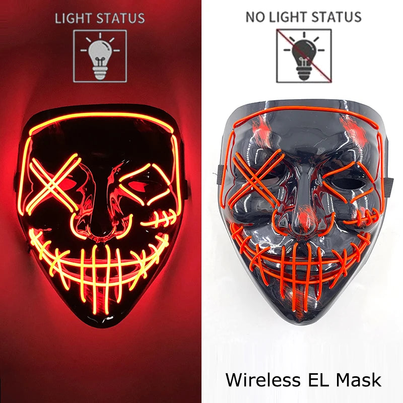 Wireless Neon LED Purge Mask – Glow-in-the-Dark Halloween Cosplay & Party Mask