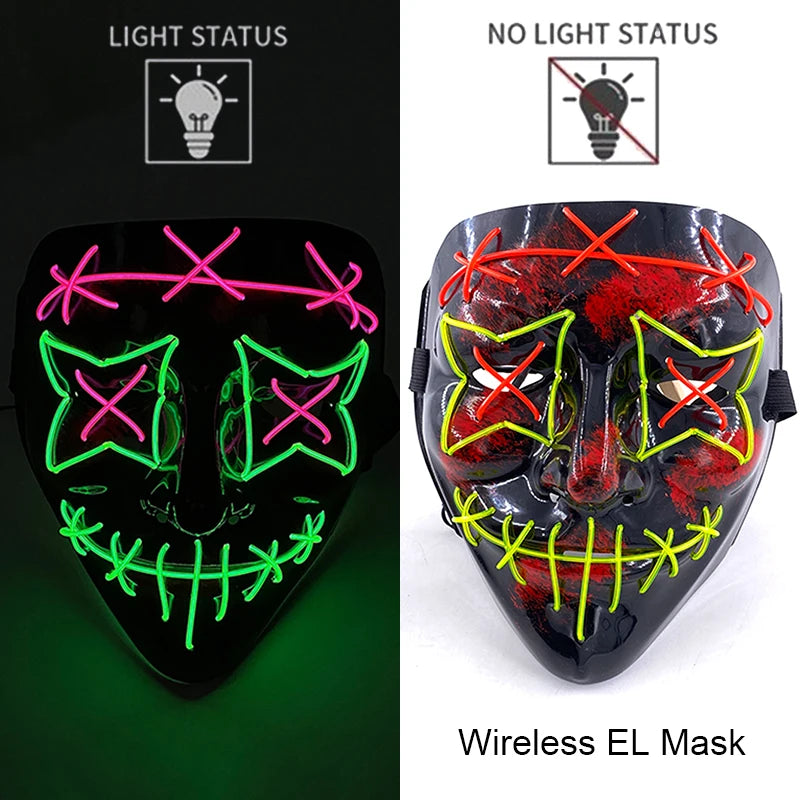 Wireless Neon LED Purge Mask – Glow-in-the-Dark Halloween Cosplay & Party Mask