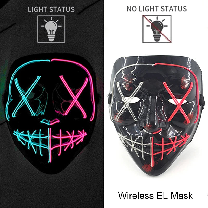 Wireless Neon LED Purge Mask – Glow-in-the-Dark Halloween Cosplay & Party Mask