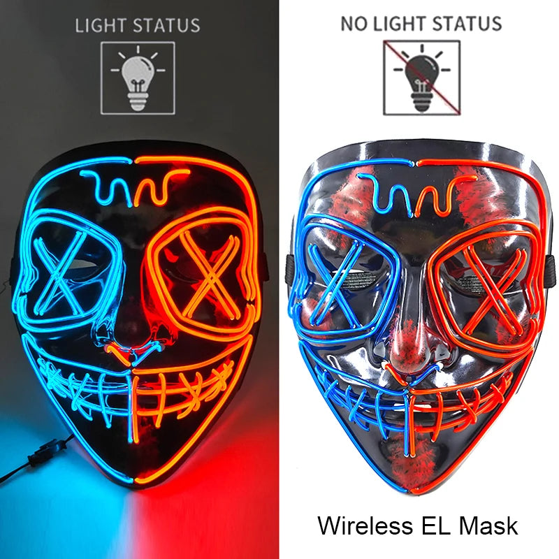 Wireless Neon LED Purge Mask – Glow-in-the-Dark Halloween Cosplay & Party Mask