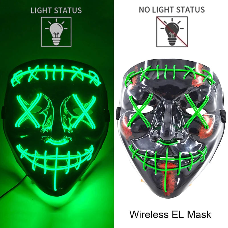 Wireless Neon LED Purge Mask – Glow-in-the-Dark Halloween Cosplay & Party Mask