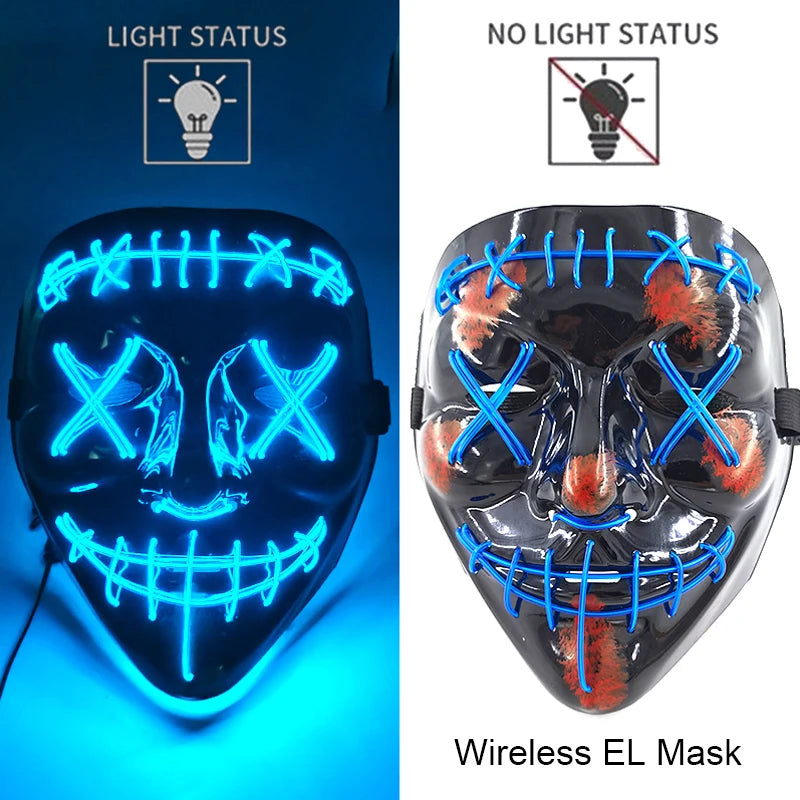 Wireless Neon LED Purge Mask – Glow-in-the-Dark Halloween Cosplay & Party Mask